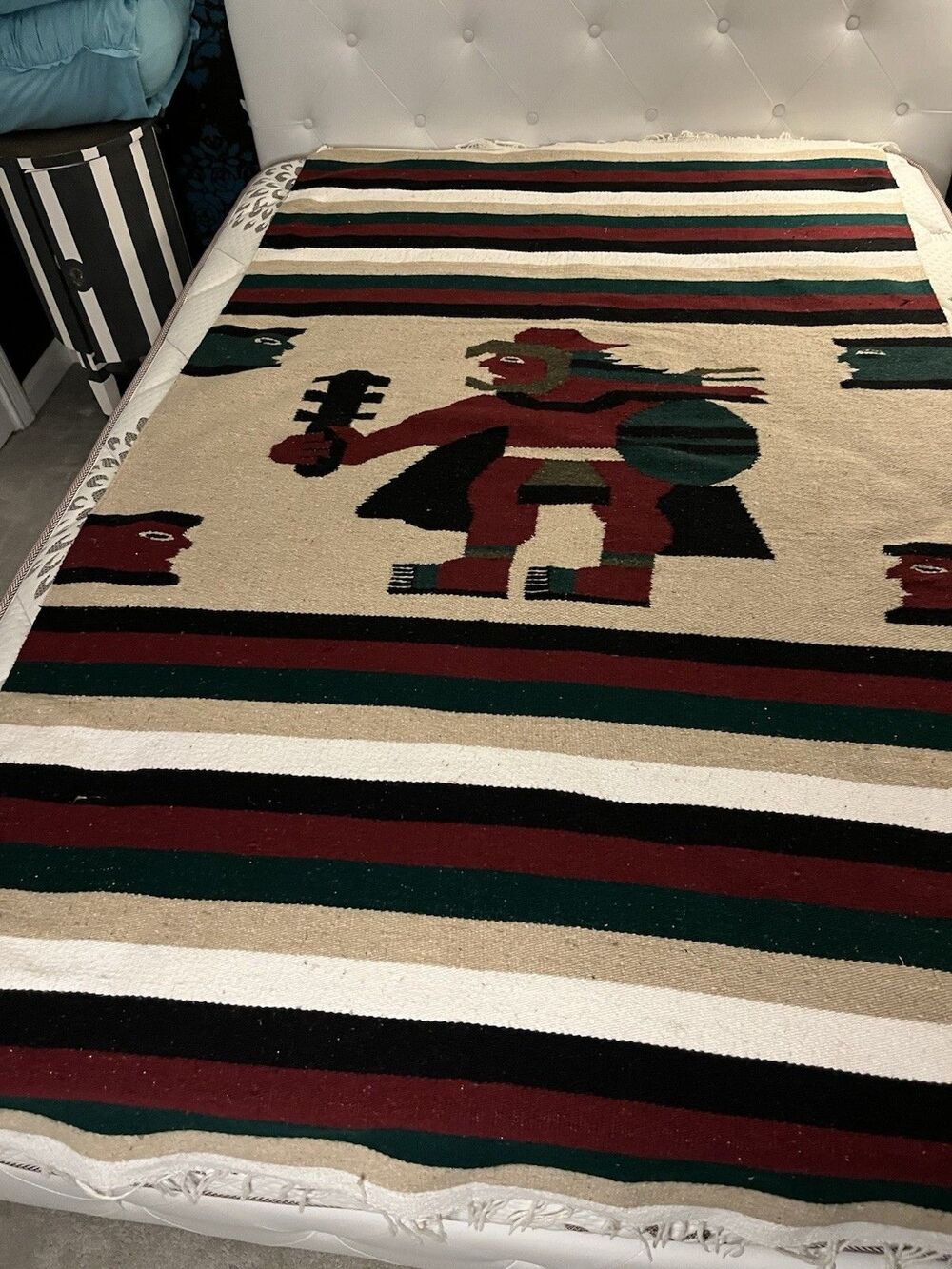 Vintage Aztec Warrior Handwoven Fringe Blanket 80x45